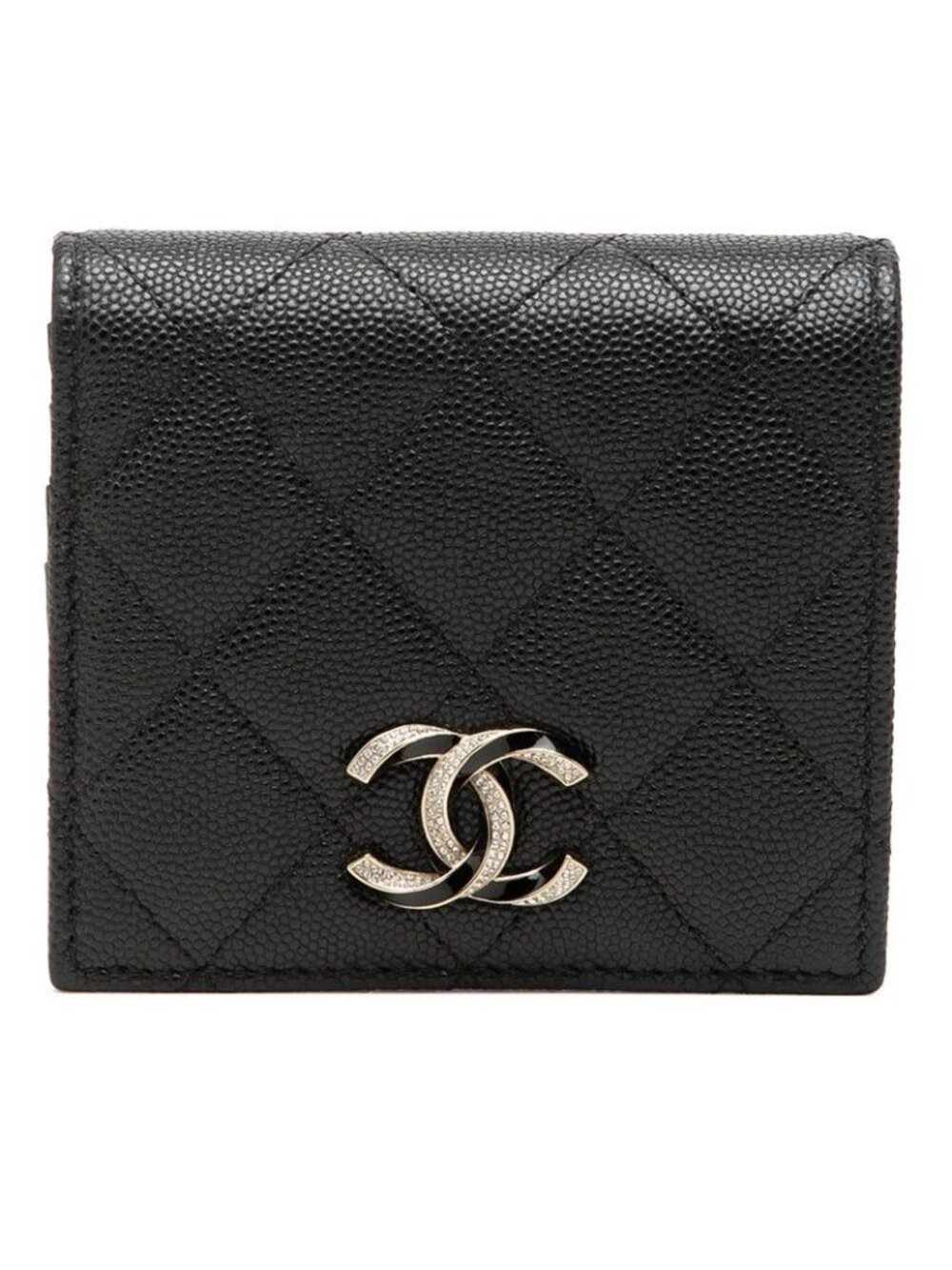 Chanel CC Logo Quilted Bifold Wallet Black Gold Caviar Leather Rhinestone